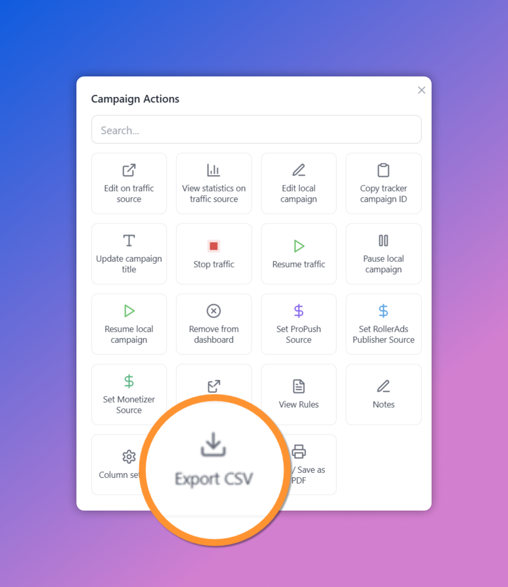 Campaign Actions menu with Export CSV and Print / Save as PDF highlighted