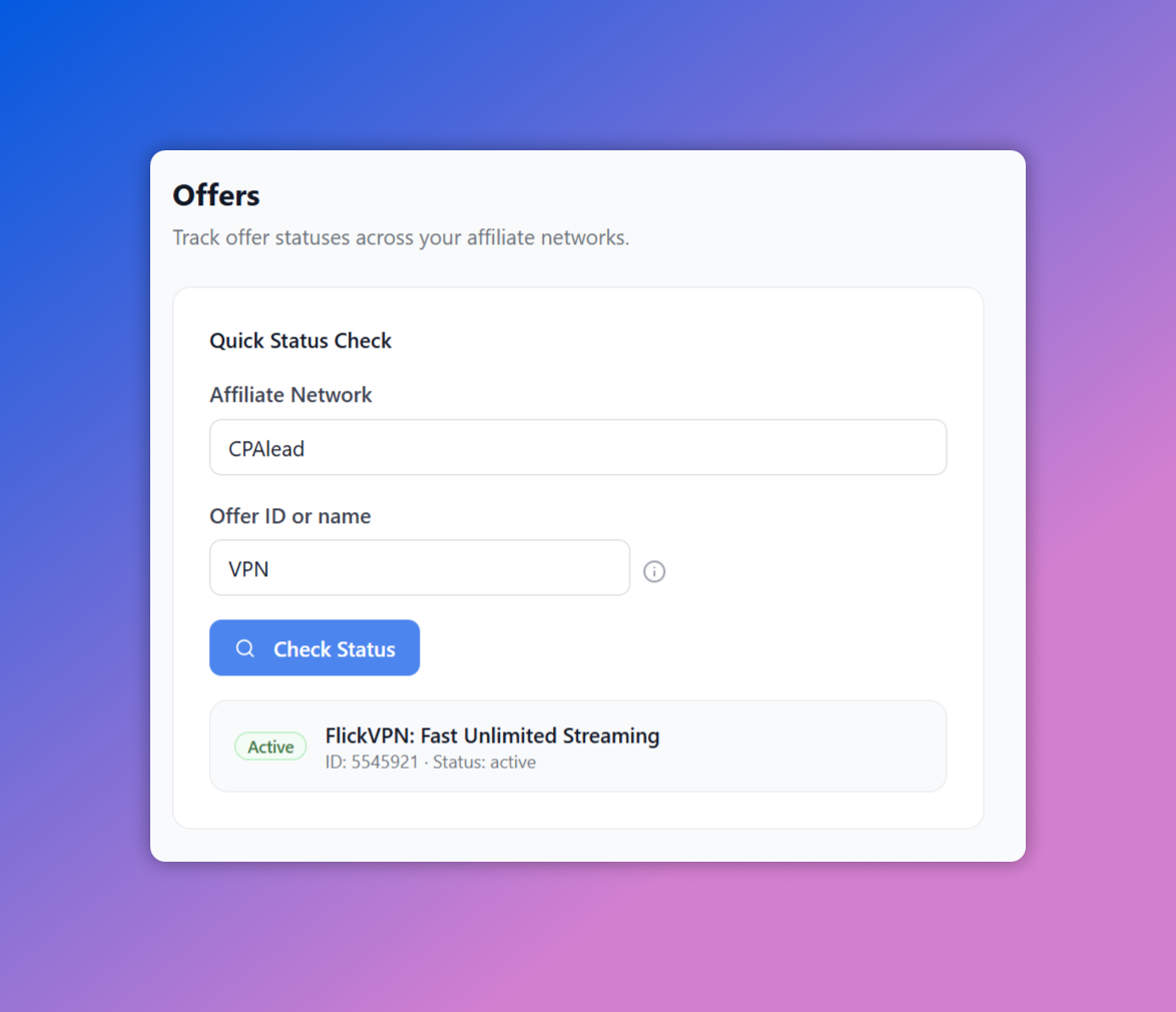 Offers — quick status check across affiliate networks, showing active/paused offers by ID or name